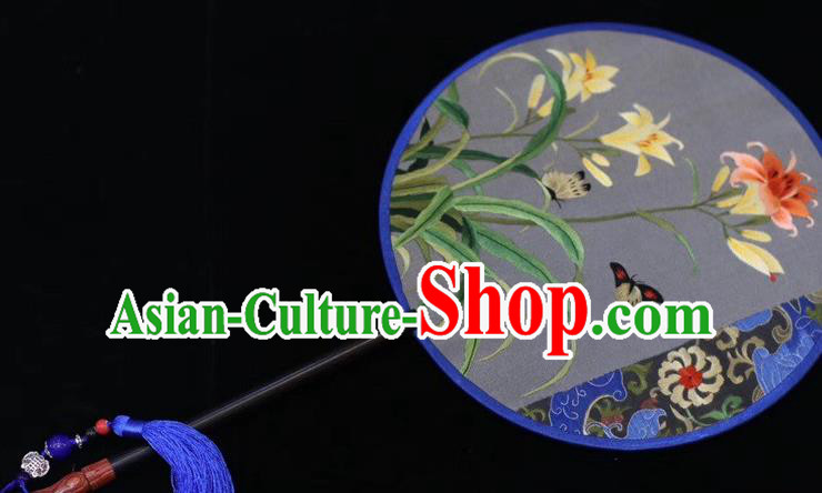 China Handmade Round Fan Ancient Court Dance Embroidered Silk Fans Suzhou Embroidery Orchids Butterfly Palace Fan