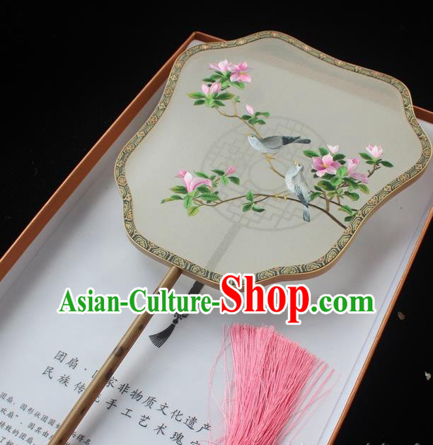 Handmade Suzhou Embroidery Begonia Palace Fan China Embroidered Palm Leaf Fans Classical Dance Silk Fan