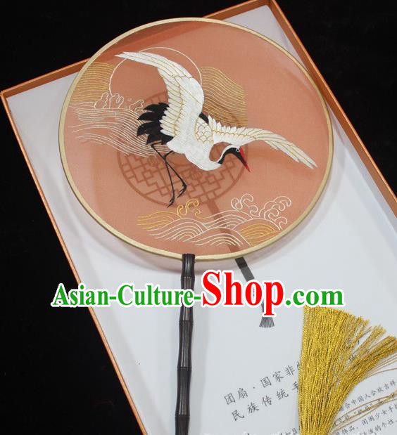China Embroidered Palace Fan Traditional Hanfu Red Silk Fan Round Fan Handmade Suzhou Embroidery Crane Fan