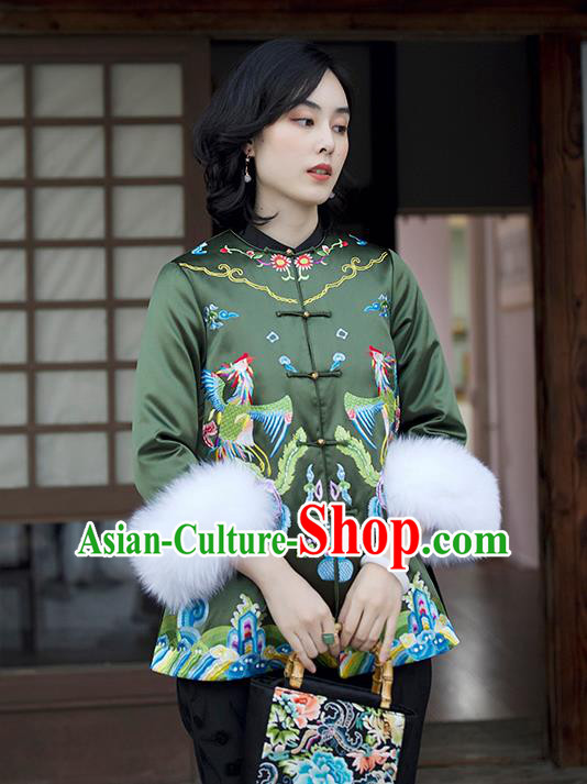 Chinese Women Green Satin Jacket Winter Outer Garment Traditional National Clothing Embroidered Phoenix Cotton Wadded Coat