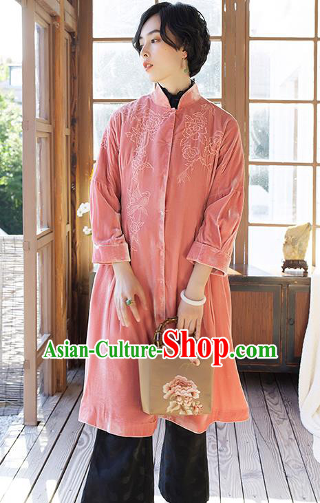 Chinese Women Embroidered Pink Velvet Coat Outer Garment Traditional Clothing