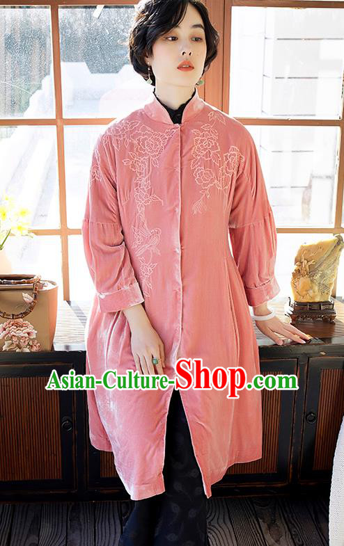 Chinese Women Embroidered Pink Velvet Coat Outer Garment Traditional Clothing