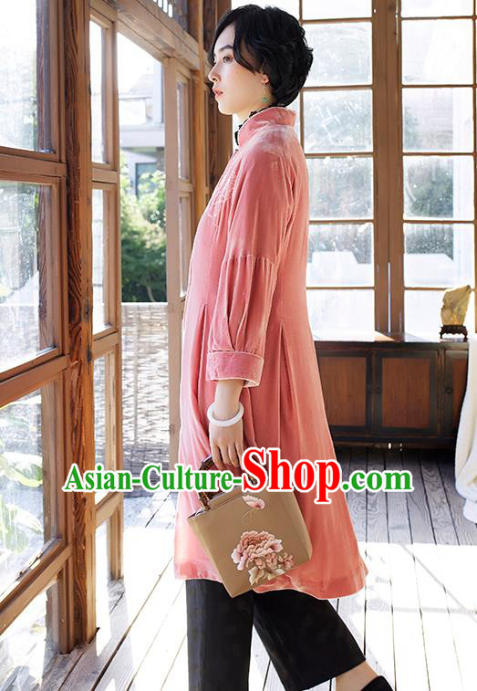 Chinese Women Embroidered Pink Velvet Coat Outer Garment Traditional Clothing