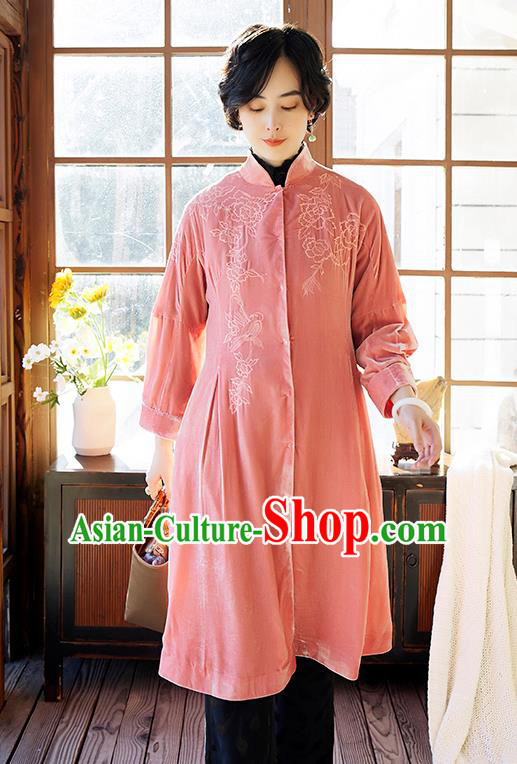 Chinese Women Embroidered Pink Velvet Coat Outer Garment Traditional Clothing