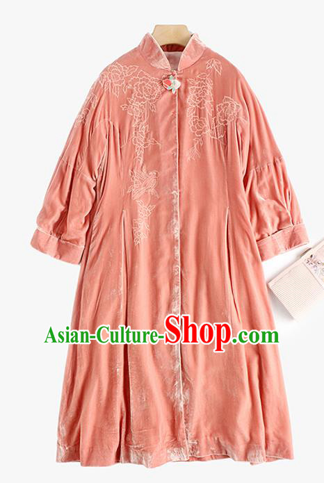 Chinese Women Embroidered Pink Velvet Coat Outer Garment Traditional Clothing