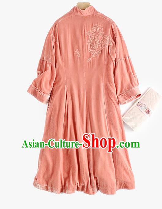 Chinese Women Embroidered Pink Velvet Coat Outer Garment Traditional Clothing