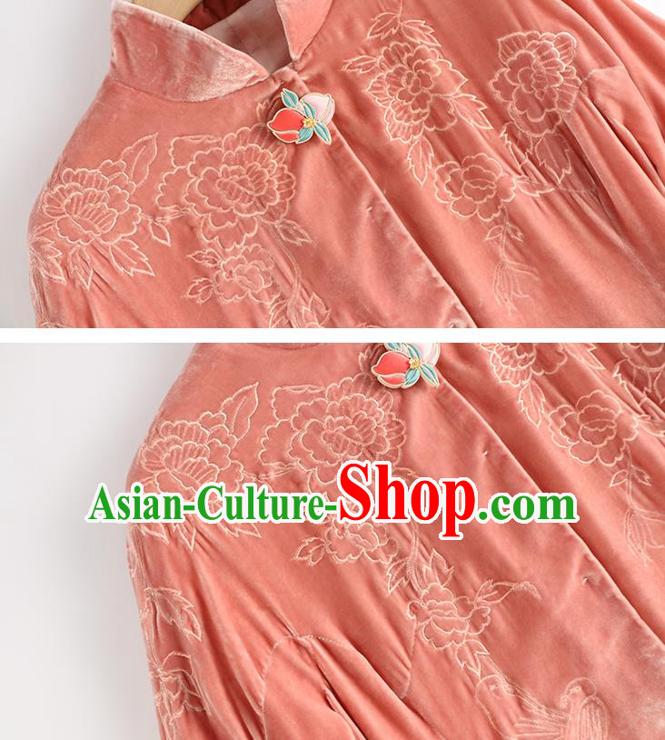 Chinese Women Embroidered Pink Velvet Coat Outer Garment Traditional Clothing