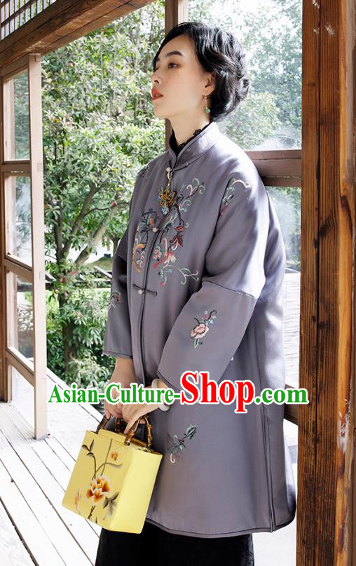 Chinese Women Embroidered Lilac Satin Coat Outer Garment Traditional Winter Clothing