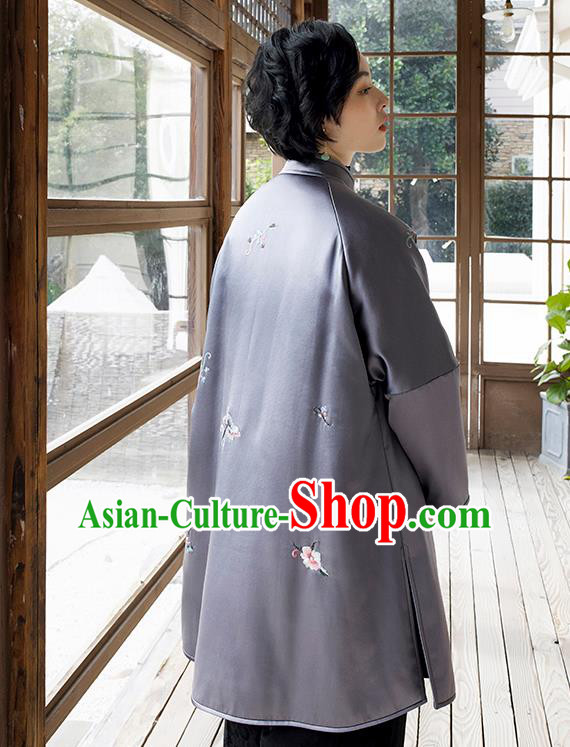 Chinese Women Embroidered Lilac Satin Coat Outer Garment Traditional Winter Clothing