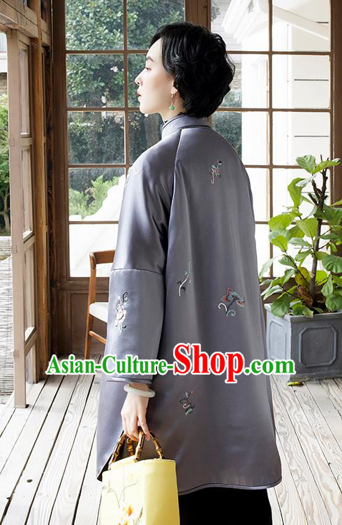 Chinese Women Embroidered Lilac Satin Coat Outer Garment Traditional Winter Clothing