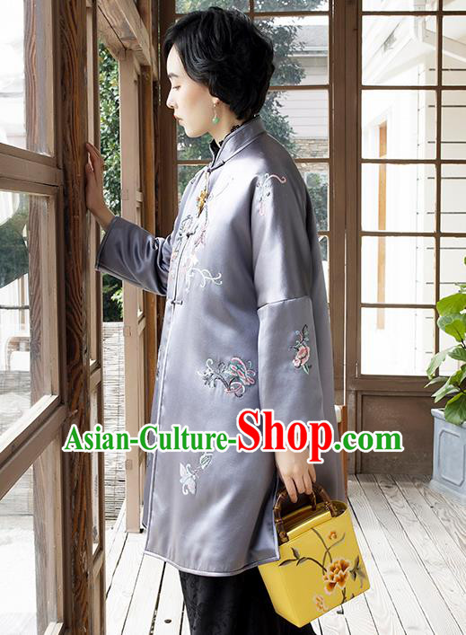 Chinese Women Embroidered Lilac Satin Coat Outer Garment Traditional Winter Clothing