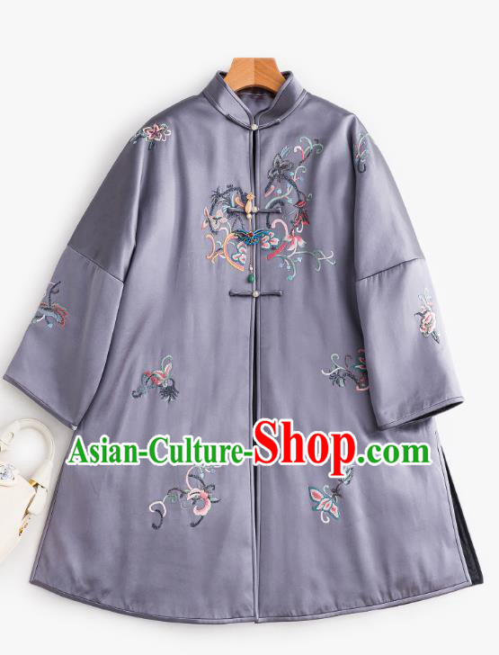 Chinese Women Embroidered Lilac Satin Coat Outer Garment Traditional Winter Clothing