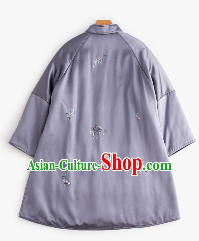 Chinese Women Embroidered Lilac Satin Coat Outer Garment Traditional Winter Clothing