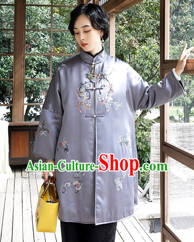 Chinese Women Embroidered Lilac Satin Coat Outer Garment Traditional Winter Clothing