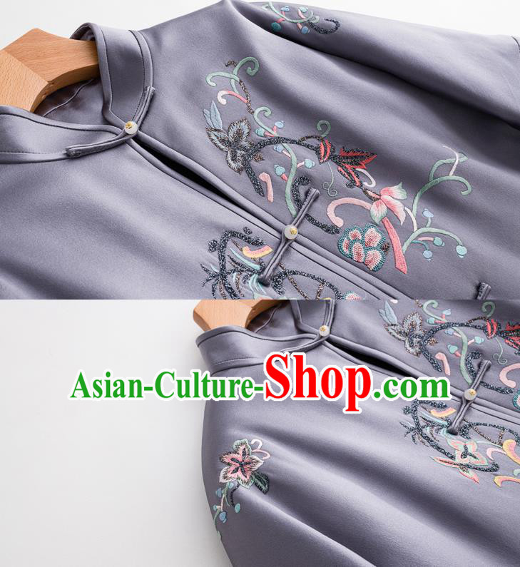 Chinese Women Embroidered Lilac Satin Coat Outer Garment Traditional Winter Clothing