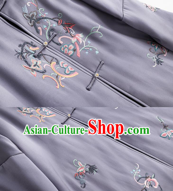 Chinese Women Embroidered Lilac Satin Coat Outer Garment Traditional Winter Clothing