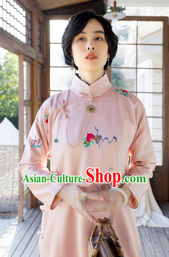 Republic of China Young Mistress Pink Satin Qipao Dress National Clothing Traditional Embroidered Cheongsam for Women