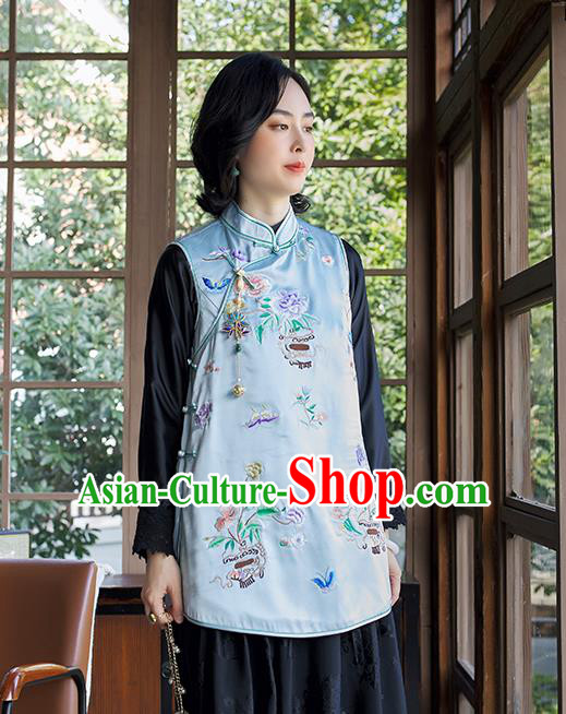 Traditional Embroidered Cheongsam Vest China National Clothing Light Blue Satin Waistcoat for Women