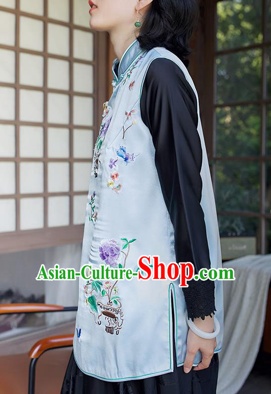 Traditional Embroidered Cheongsam Vest China National Clothing Light Blue Satin Waistcoat for Women