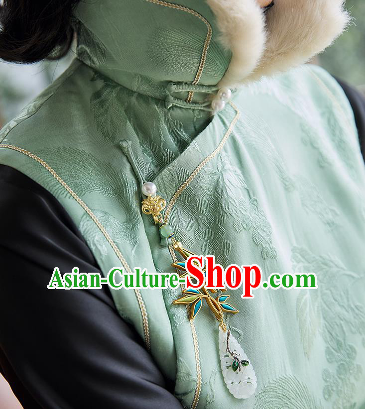 China Traditional Women Green Satin Cheongsam National Clothing Classical Cotton Padded Long Qipao Dress