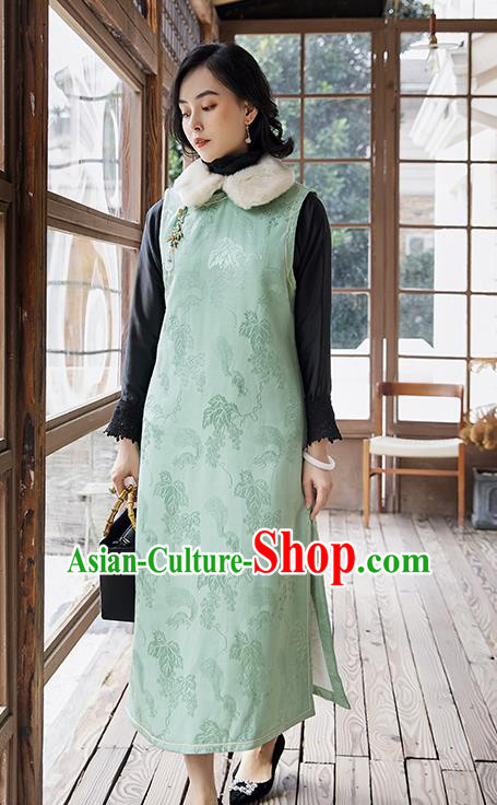 China Traditional Women Green Satin Cheongsam National Clothing Classical Cotton Padded Long Qipao Dress