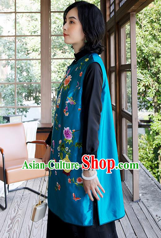 China Embroidered Blue Silk Qipao Vest Women Classical Cheongsam Waistcoat Traditional National Clothing