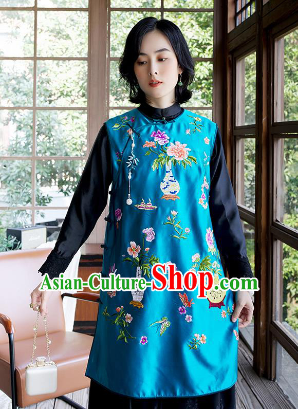 China Embroidered Blue Silk Qipao Vest Women Classical Cheongsam Waistcoat Traditional National Clothing
