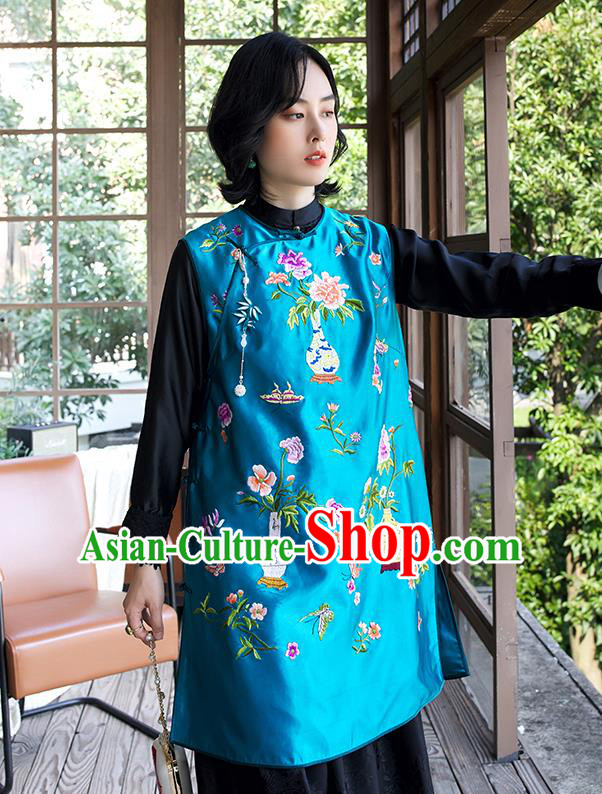 China Embroidered Blue Silk Qipao Vest Women Classical Cheongsam Waistcoat Traditional National Clothing
