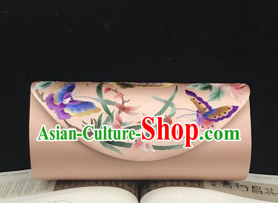 China Handmade Suzhou Embroidery Orchids Clutch Bag Traditional Orange Silk Handbag National Chain Bag