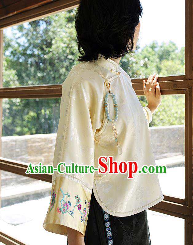 Chinese Traditional Embroidered Light Yellow Shirt Women Upper Outer Garment Tang Suit Blouse Costume