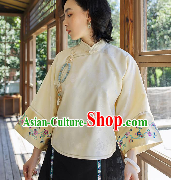 Chinese Traditional Embroidered Light Yellow Shirt Women Upper Outer Garment Tang Suit Blouse Costume