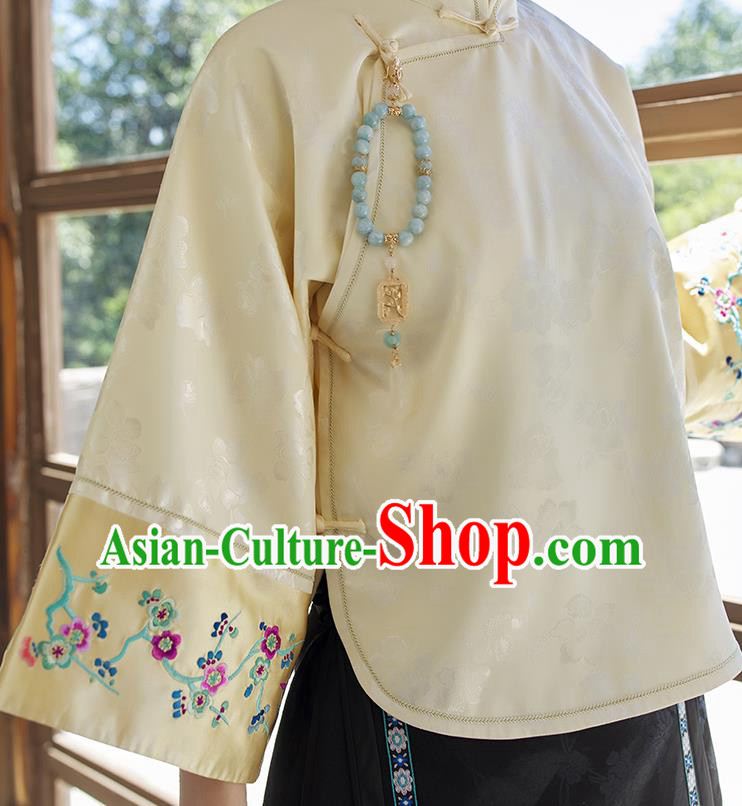Chinese Traditional Embroidered Light Yellow Shirt Women Upper Outer Garment Tang Suit Blouse Costume