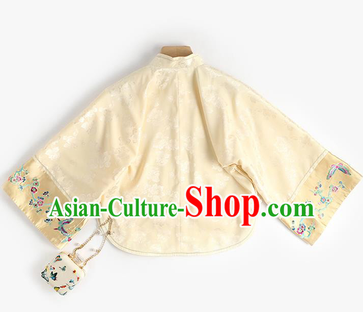 Chinese Traditional Embroidered Light Yellow Shirt Women Upper Outer Garment Tang Suit Blouse Costume