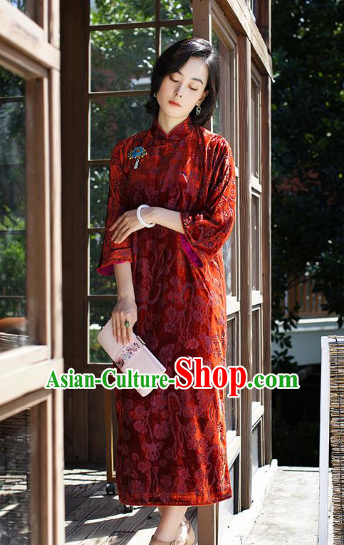 China Women Clothing Red Velvet Cheongsam Traditional Classical Long Qipao Dress