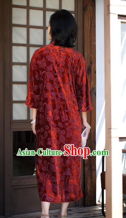 China Women Clothing Red Velvet Cheongsam Traditional Classical Long Qipao Dress