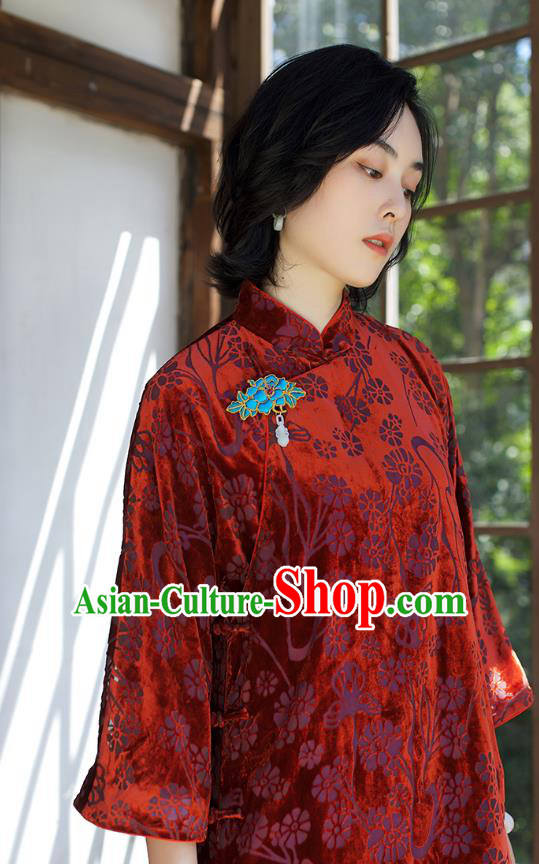 China Women Clothing Red Velvet Cheongsam Traditional Classical Long Qipao Dress