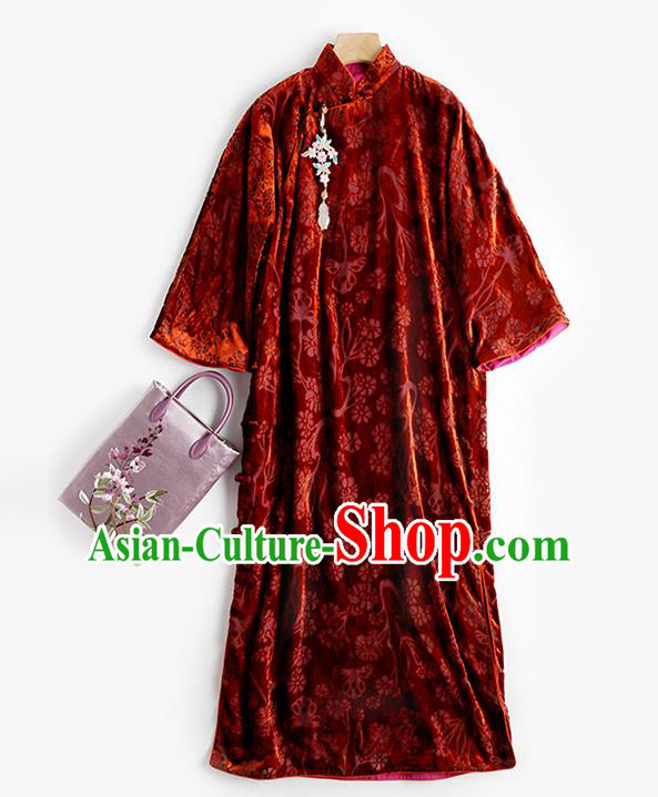 China Women Clothing Red Velvet Cheongsam Traditional Classical Long Qipao Dress