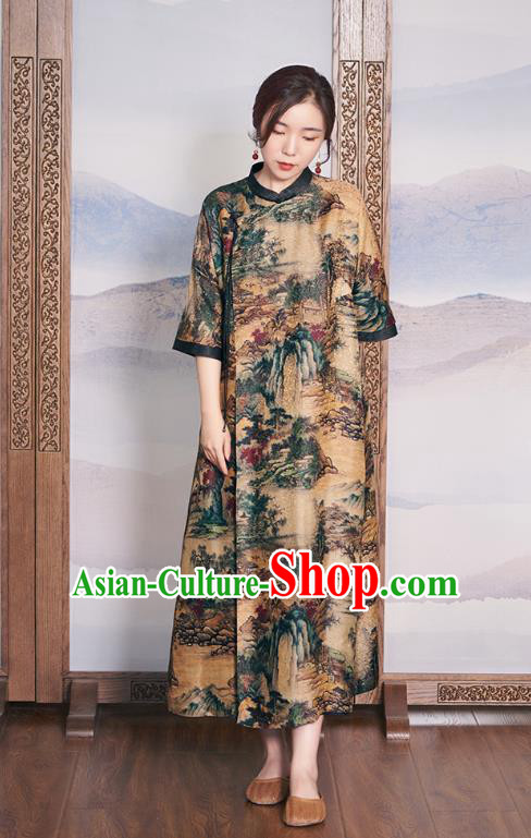 China Women Ginger Silk Cheongsam National Clothing Traditional Classical Printing Qipao Dress