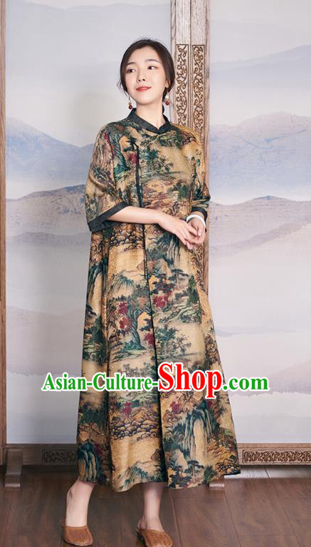 China Women Ginger Silk Cheongsam National Clothing Traditional Classical Printing Qipao Dress