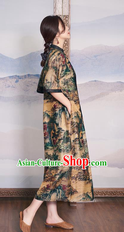China Women Ginger Silk Cheongsam National Clothing Traditional Classical Printing Qipao Dress