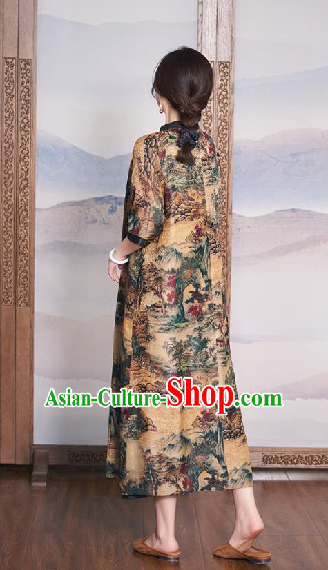 China Women Ginger Silk Cheongsam National Clothing Traditional Classical Printing Qipao Dress