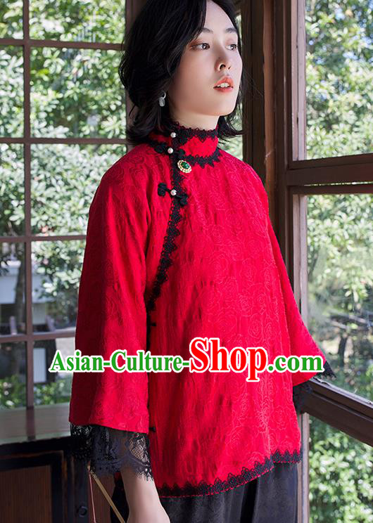 Chinese Jacquard Shirt Tang Suit Upper Outer Garment Traditional Red Lace Blouse Costume