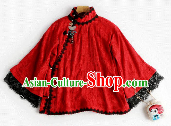 Chinese Jacquard Shirt Tang Suit Upper Outer Garment Traditional Red Lace Blouse Costume