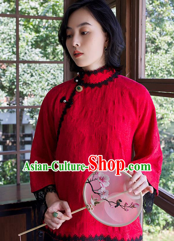Chinese Jacquard Shirt Tang Suit Upper Outer Garment Traditional Red Lace Blouse Costume