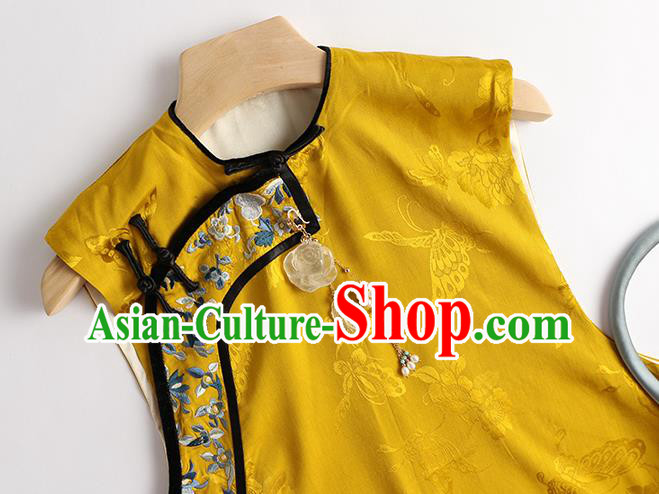 Chinese Traditional Waistcoat Costume Tang Suit Upper Outer Garment Qing Dynasty Yellow Vest
