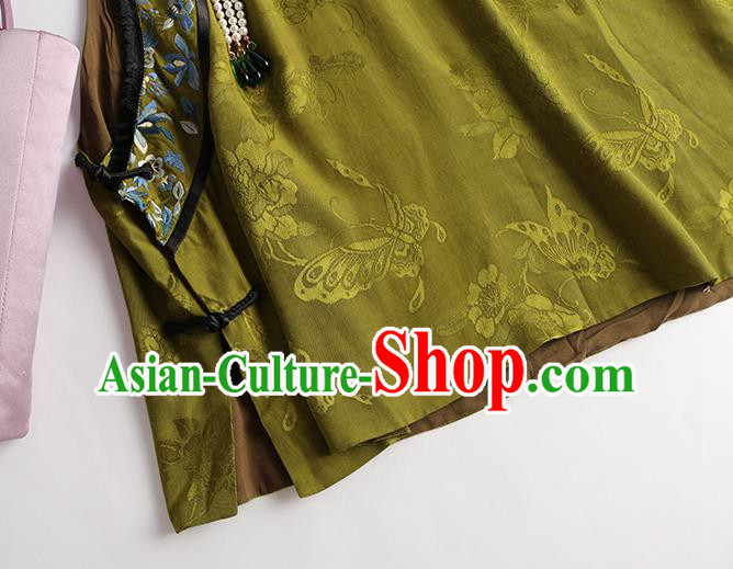 Chinese Traditional Waistcoat Costume Qing Dynasty Olive Green Vest Tang Suit Upper Outer Garment