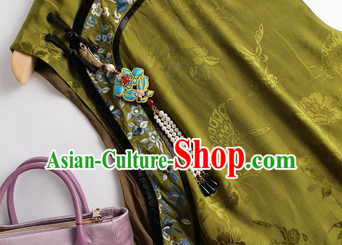 Chinese Traditional Waistcoat Costume Qing Dynasty Olive Green Vest Tang Suit Upper Outer Garment