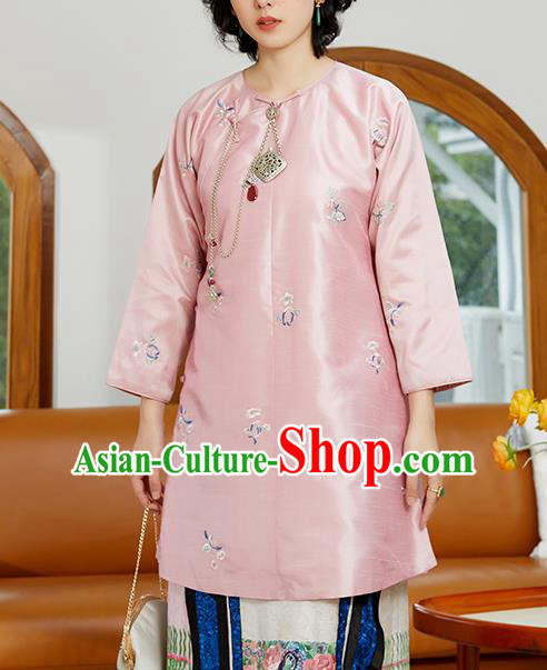 Chinese Tang Suit Costume Traditional Pink Shirt Classical Embroidered Blouse