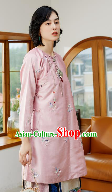 Chinese Tang Suit Costume Traditional Pink Shirt Classical Embroidered Blouse