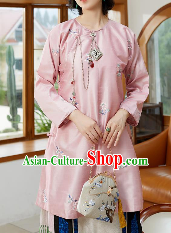 Chinese Tang Suit Costume Traditional Pink Shirt Classical Embroidered Blouse